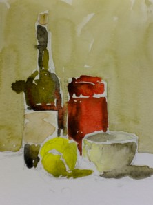 A study of wine bottle, pencil case, tea cup and tennis ball.